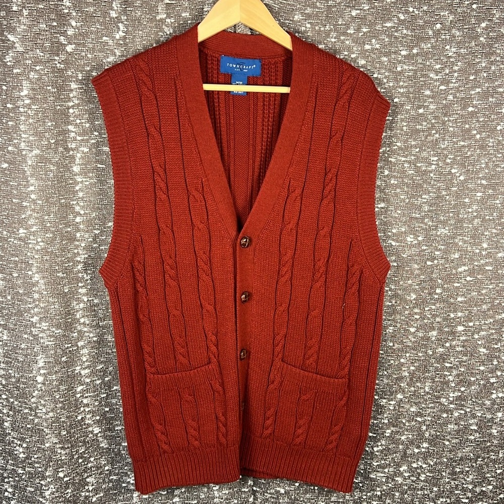 Towncraft Button Up Knit‎ Sweater Vest Red W/ Front Pockets Grandpa Core